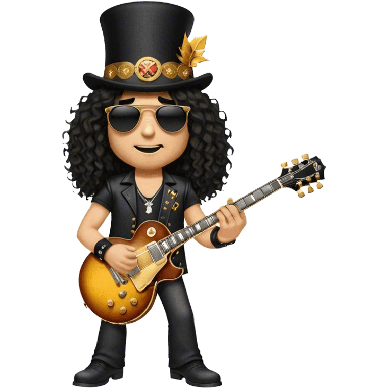 Create a rockstar emoji representing Slash from Guns'n Roses with his iconic Gibson Les Paul guitar. The design should feature Slash with his signature top hat, long curly hair, and sunglasses, holding the iconic Gibson Les Paul guitar. The guitar should be prominently displayed with its classic sunburst finish and gold hardware. Add subtle stage elements like a microphone stand and electric guitar cables to reflect the live performance energy. Use rich, dark colors like black, gold, and sunburst wood tones to convey the classic rock vibe. The background should be transparent.  emoji