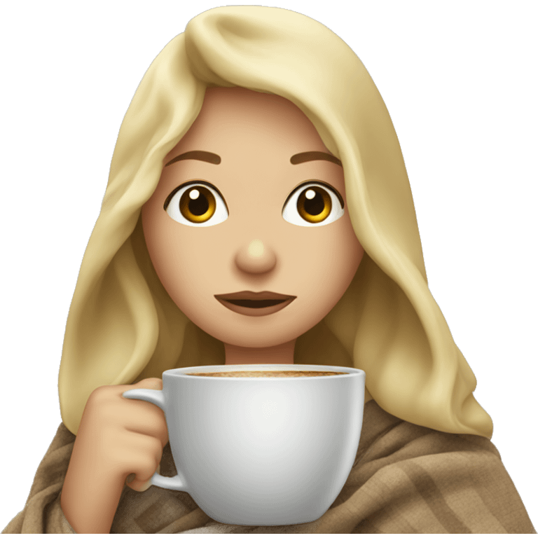 Blonde girl wrapped in blanket drinking coffee emoji