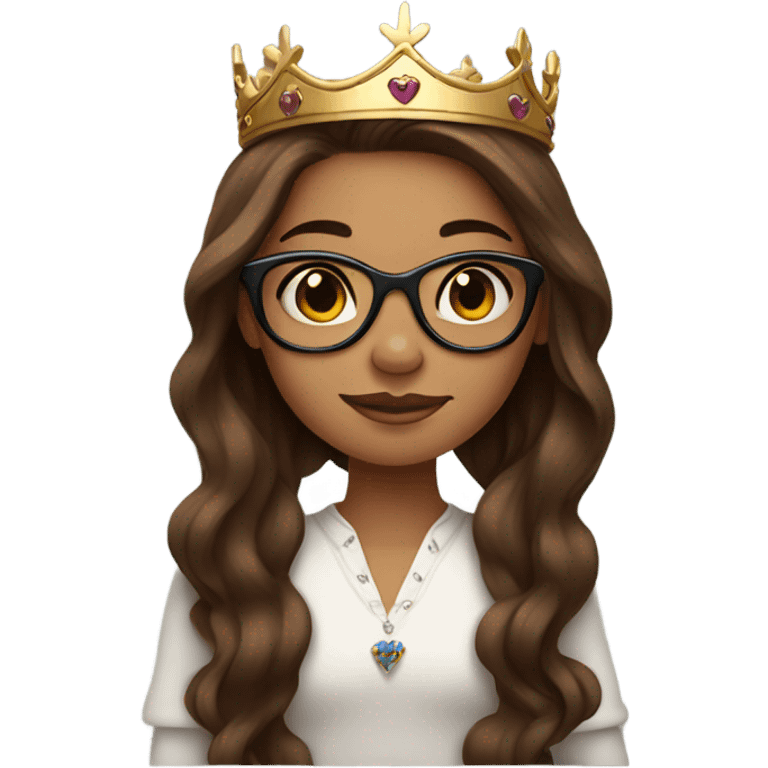 Girl with long brown hair wearing a crown, and glasses and tattoos emoji