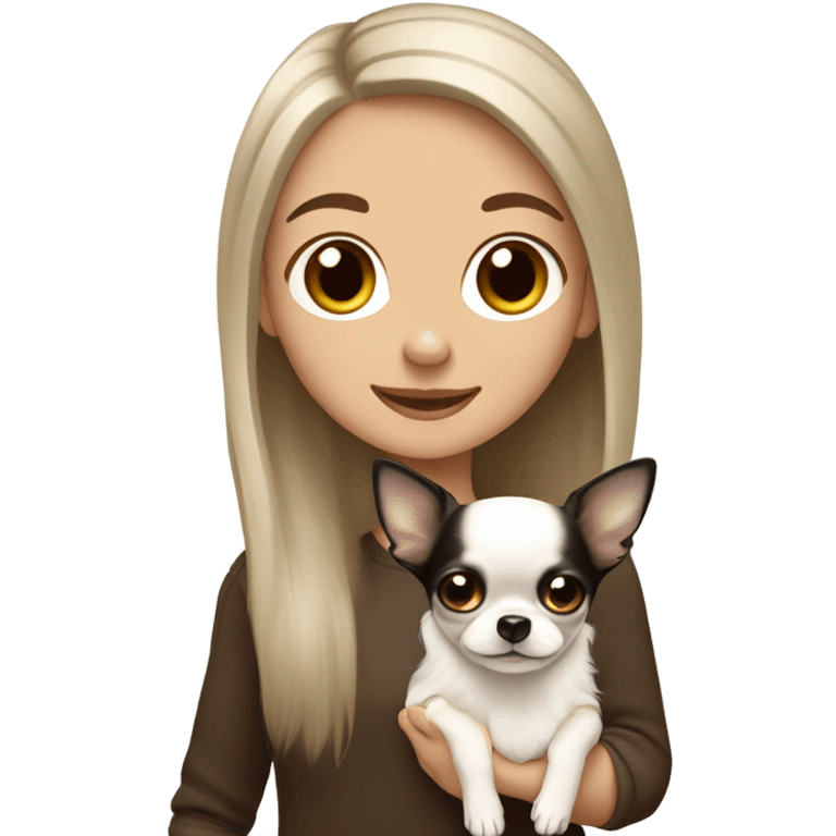 smiling white girl with black long hair and brown eyes with her little solid white chihuahua and tiny solid brown chihuahua emoji