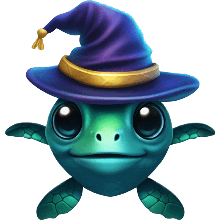 Dark iridescent sea turtle glowing with a wizard hat emoji