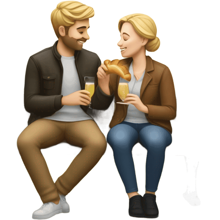 couple of white people sitting closely on a park bench, enjoying a romantic moment. One person is holding a croissant, and the other is holding a glass of Prosecco emoji