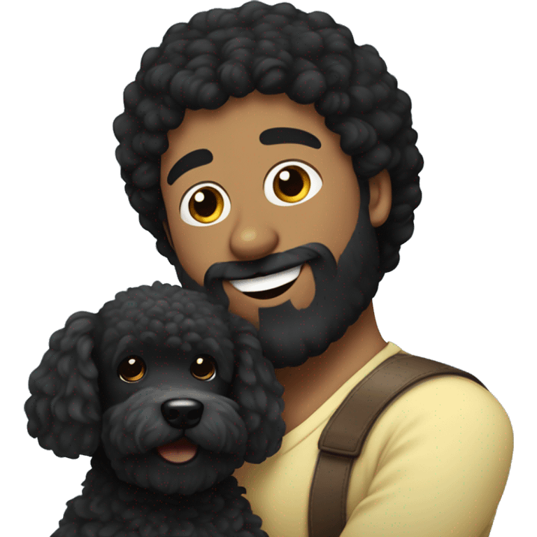 Black haired guy with beard hugs black poodle dog  emoji