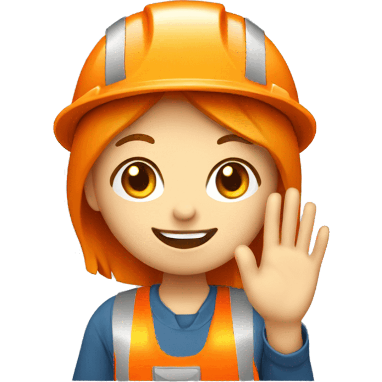 a female construction worker with pale skin, an orange helmet, with a happy face and her hand is waving emoji