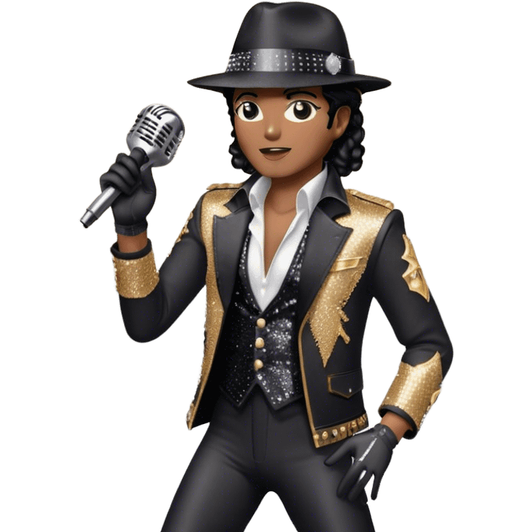 Create a dynamic emoji representing pop vocal performance with a vintage microphone as the centerpiece, surrounded by iconic elements of Michael Jackson's stage attire. Include the signature black sequined jacket, white gloves with rhinestones, and a fedora hat placed next to the mic, evoking the style and energy of classic pop performances. Add subtle sparkles or light effects around the microphone and the clothing to reflect the glamorous, energetic atmosphere of a pop concert. Use bold colors like black, silver, and gold to convey the showmanship and sophistication of pop music. The background should be transparent. emoji