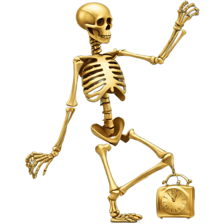 A skeleton made out of gold with a rabbit with a watch on  emoji