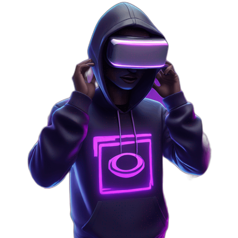 Donald Trump wearing a black hoodie with "OMG" letters on it and VR headset in a cyberpunk VR environment with violet neon lighting. emoji