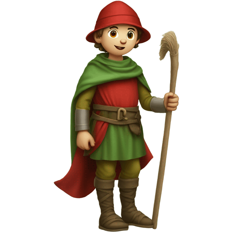 13th century European pilgrim boy with staff, red stockings, short green tunic and green hat, saying ok! emoji