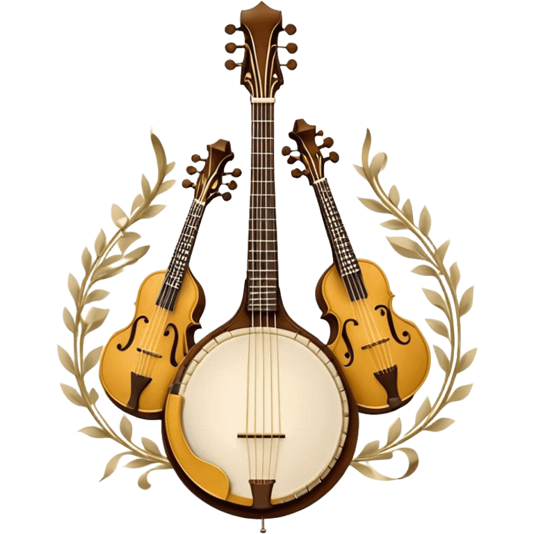 Design a sophisticated and festive emblem-like emoji representing plucked and stringed instruments. The layout should resemble a heraldic crest, featuring iconic instruments like a banjo, mandolin, domra, and sitar, artistically arranged in an elegant and symmetrical way. The necks of the instruments should be intertwined with a flowing ribbon of musical notes, winding around the strings and fretboards. The design should be detailed, showcasing the intricate carvings on the instruments, visible strings, and fret markers. Use a rich color palette with deep golds, browns, and vibrant accents to evoke a sense of luxury and celebration. The musical notes should appear to float around the instruments, connecting them in a graceful, dynamic way. Include ornate flourishes or decorative elements like laurels, swirls, or subtle engravings to give the image a professional, emblematic appearance. The background should be transparent. emoji