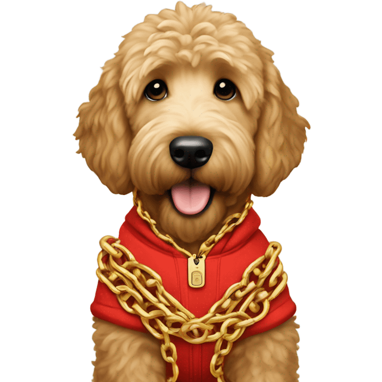 golden doodle wearing a red track suit and chains emoji