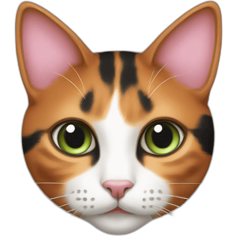 young striped calico cat face with a pink nose, white chin, green eyes, and orange/brown markings, orange tip on one ear emoji