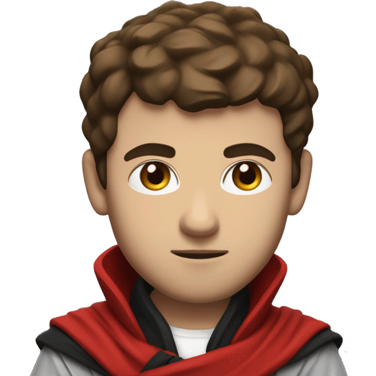 Swordsman, Serious Face, Brown Hair & Eyes, White T-Shirt underneath Red Jacket, Black Scarf, Armoured. emoji