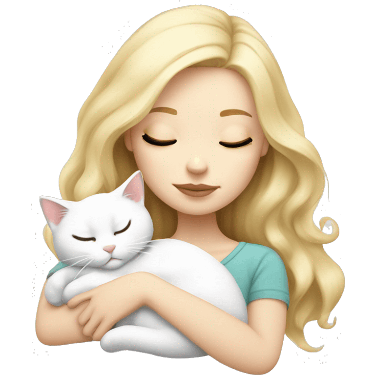 White girl blonde hair sleeping with white kitty with black spots emoji