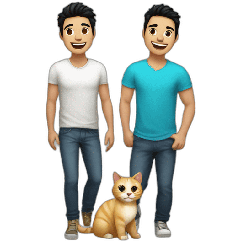 Gay couple, 1 guy Latino black hair and 1 Australian guy blonde hair with a cat laughing full body emoji