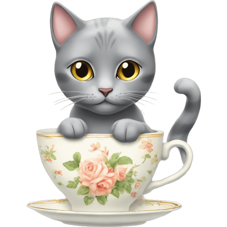 Cute grey cat drinking from vintage tea cup emoji