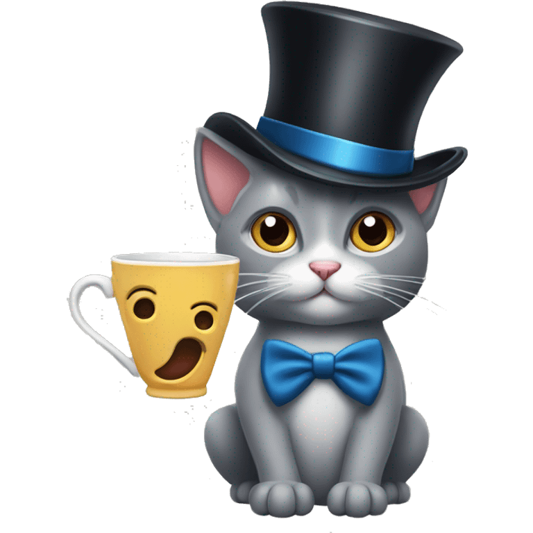 A surprised grey cat with a mustache and a top hat, a cup tea with big surprised eyes, an Englishman  emoji