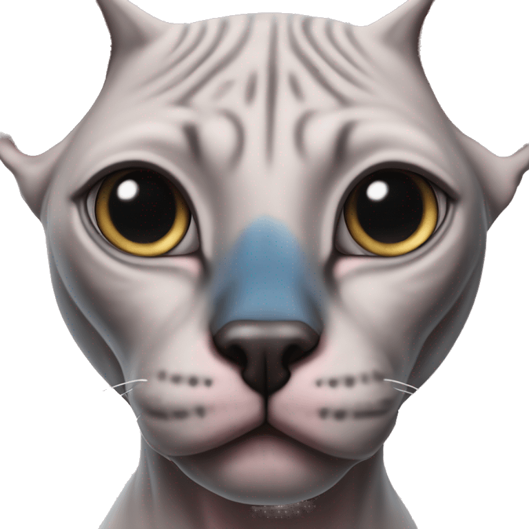 Pink and grey sphynx cat with blue eyes and black nose emoji