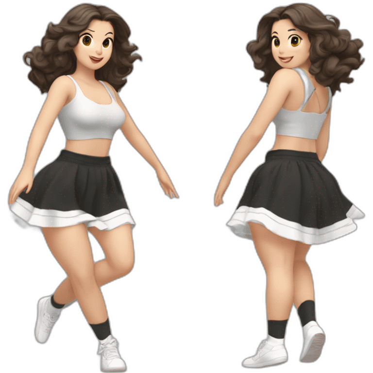 full-body-caucasian-curvy-beauty-jumping-short-black-skirt-back-and-front-views-strong-wind-knickers-long-white-socks emoji