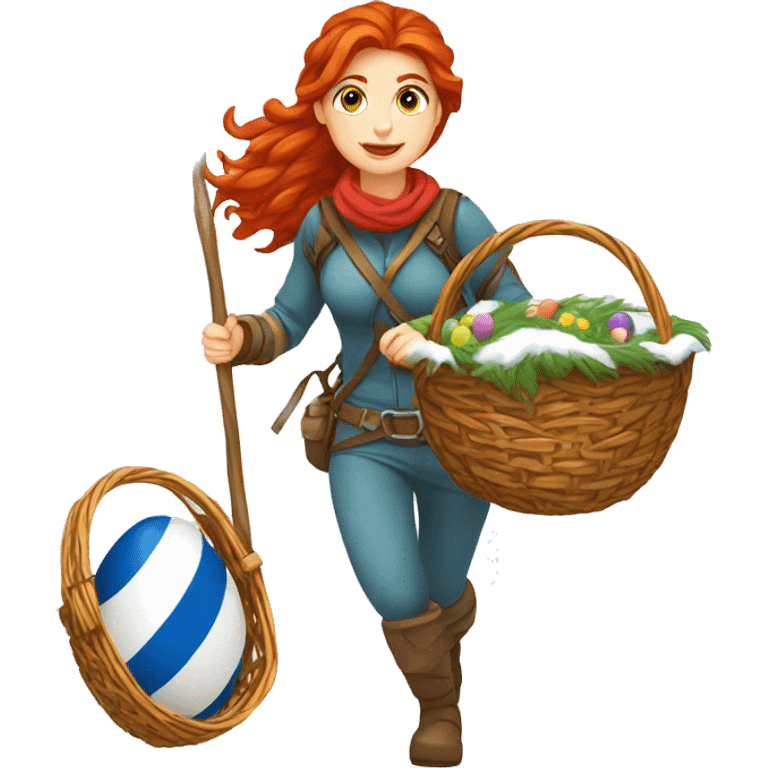 red hair female winter mountaineer climbing with Easter eggsbasket and Greek flag emoji