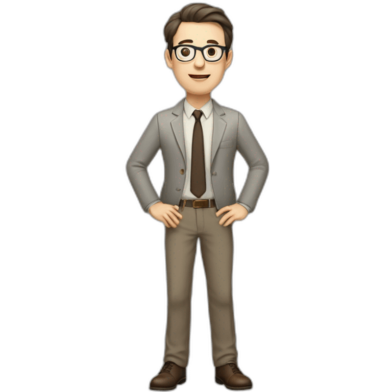 Full height Actively Gesturing Pale skinned fit man with dark brown hair in gray jacket, beige office shirt, brown tie, brown pants and vintage glasses. emoji