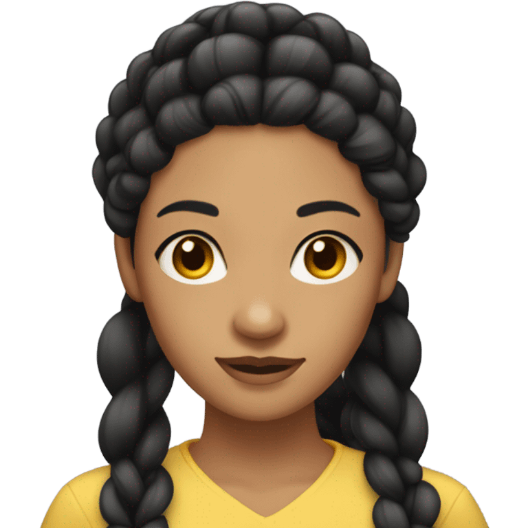 black hair long braid, woman, brown eyes, yellow skin emoji