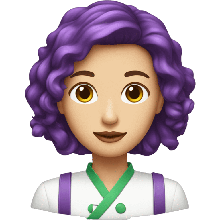 Crea una nutricionista vestida de morado con el pelo cafe y ojos verdes emoji