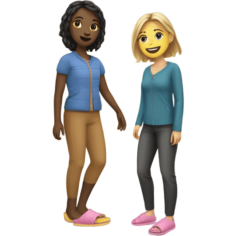 Two girls in a cabin wearing slippers ￼ emoji