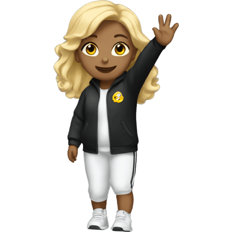 Light girl in black tracksuit waving emoji