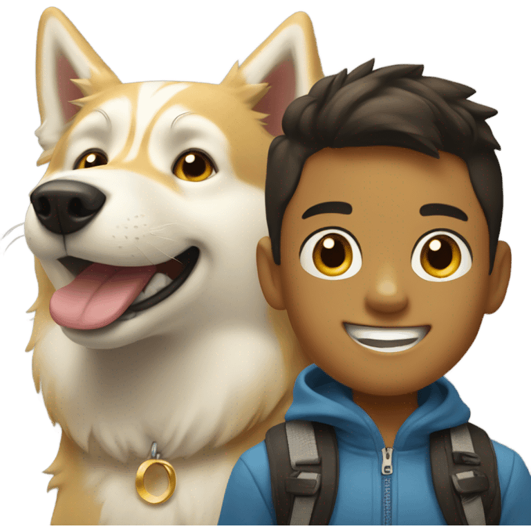 boys smiles and with golden Husky  emoji