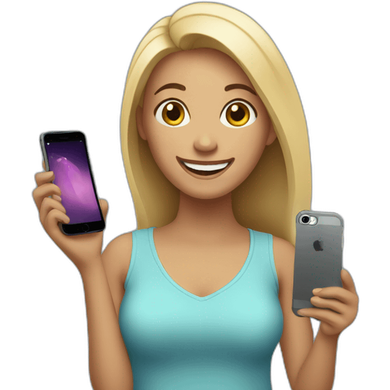 happy woman holding a iphone emoji