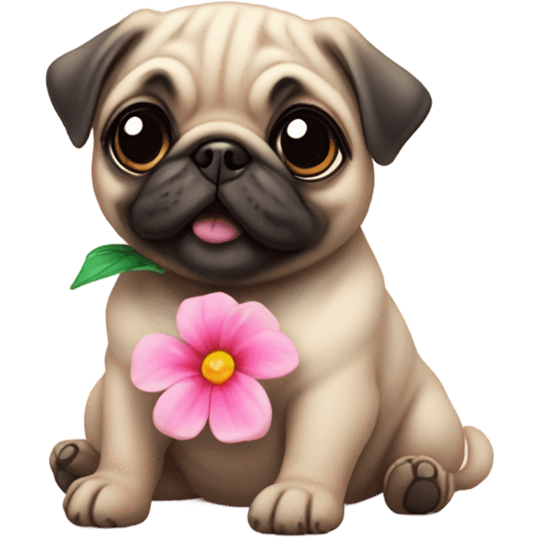 Baby pug playing with a flower pink eyes  emoji