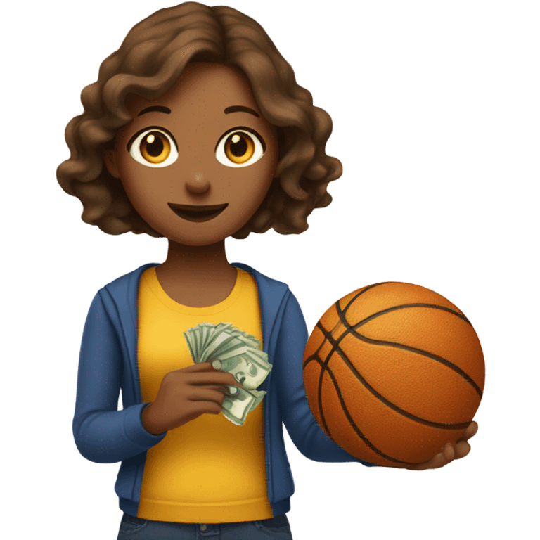 Girl emoji with brown hair with basketball and money emoji