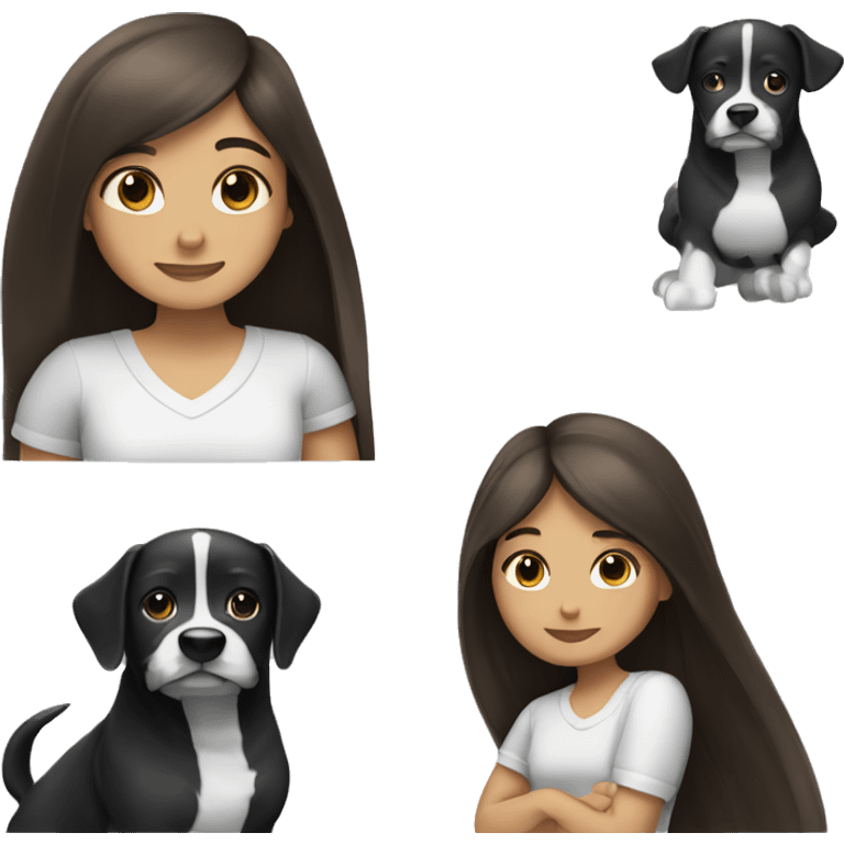 Brunette girl with long straight hair hugging a black and white dog emoji