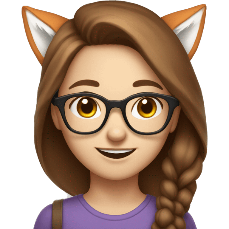 Cute, smiling, long brown haired, white skin girl with glasses and wearing fox ears emoji