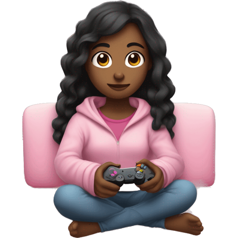 girl with dark hair wrapped up in a blanket sitting on a couch with a pink gaming controller in her hands emoji