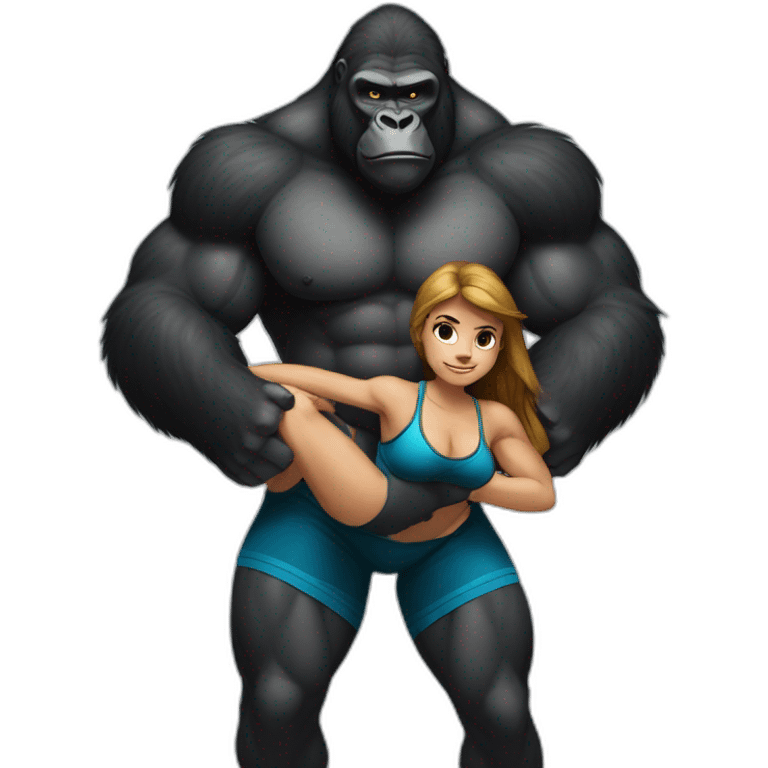 Big buff Gorilla holding a beautiful girl with a big back doing squats emoji