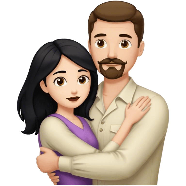 Tall white man with brown mustache goatee AND a short pale woman with long black hair, hugging emoji