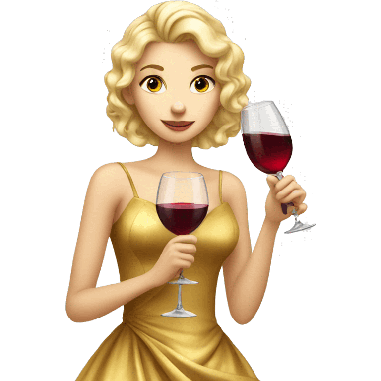 beautiful blond princess in a golden dress drinking wine emoji