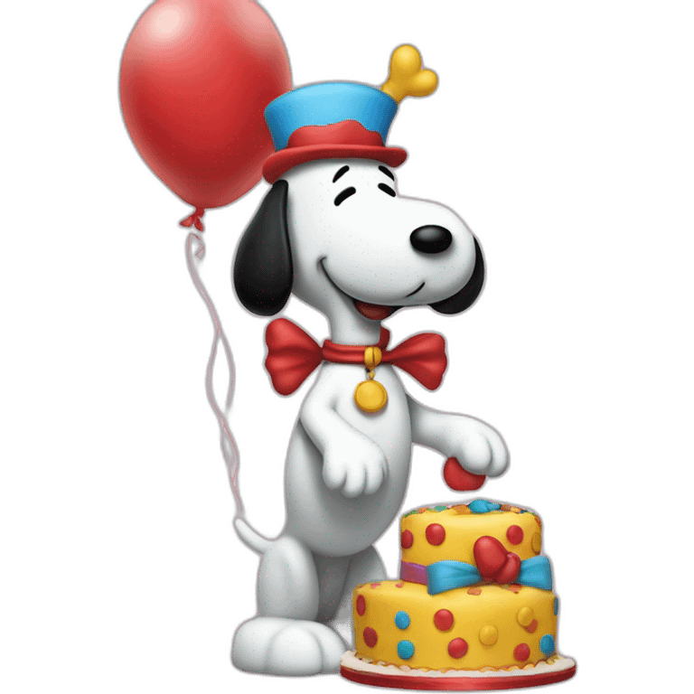 Snoopy vestido de payaso con globos y una torta emoji