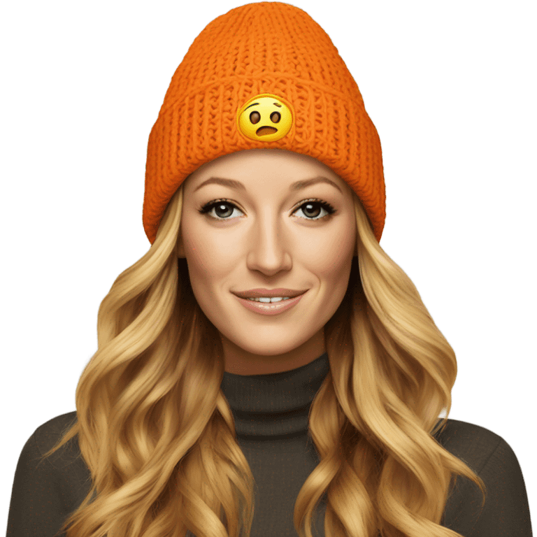 Blake lively wearing orange beanie emoji