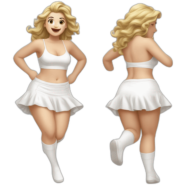 Hyperrealistic Full body Caucasian curvy beauty jumping short white skirt back and front views strong wind knickers long white socks emoji