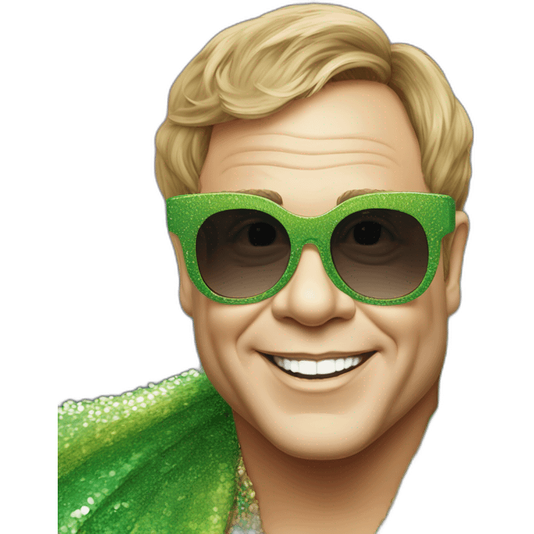 elton john wearing green multi-color oversized square sunglasses with scalloped edges for mardi gras emoji