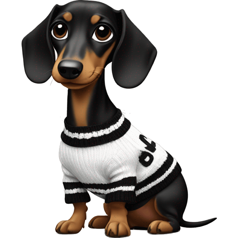 Dachshund wearing black and white Sweater with chanel logo  emoji