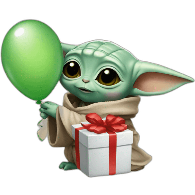 Baby yoda with present and balloons emoji