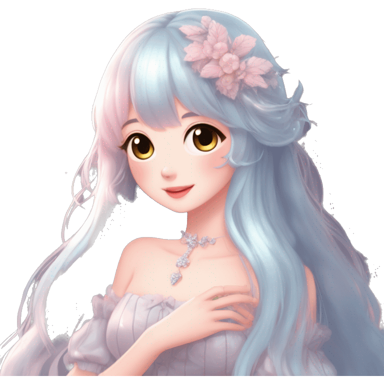 Dreamy pretty elegant kawaii shiny blushing shy anime pastel lady kawaii beautiful hair naturecore fairycore cottagecore jewels trending aesthetic full body emoji