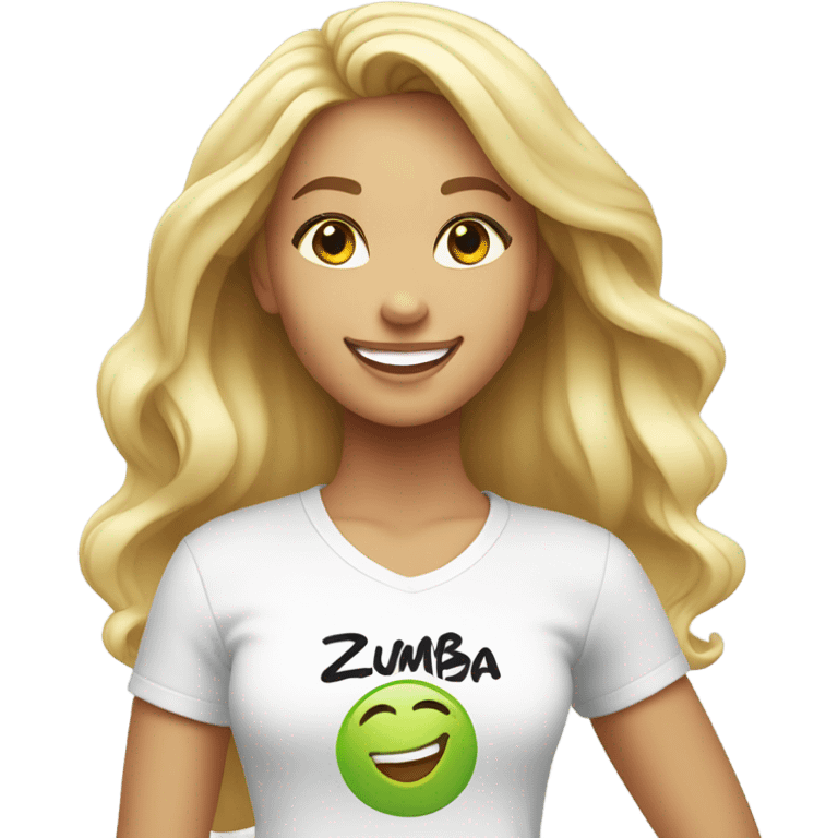 Blond girl smiling in with Zumba logo on white t-shirt emoji