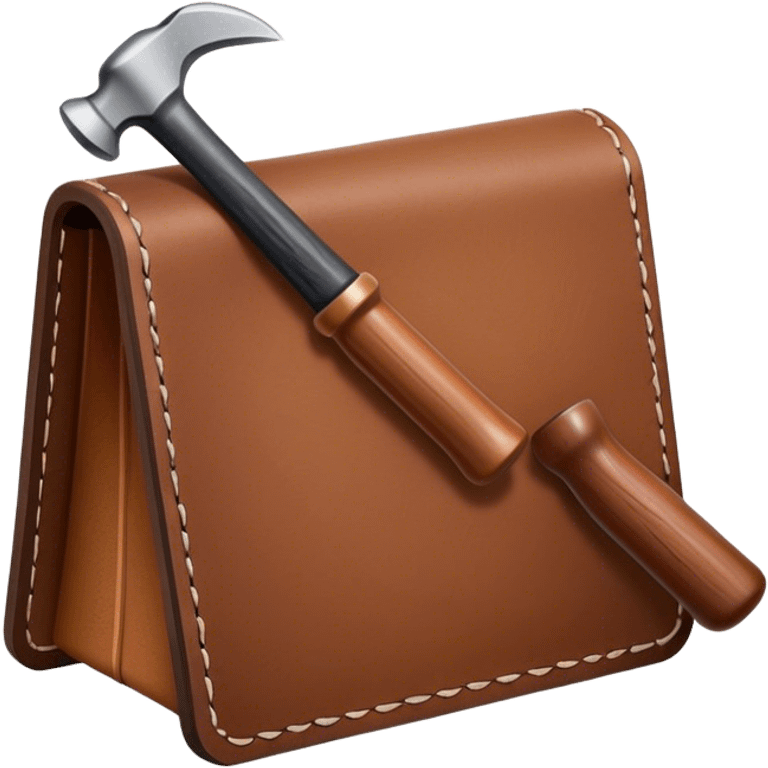 Leatherworking icon, leather piece with visible stitching, hammer and chisel, leather tools, textured surface, minimalistic style, clean lines, transparent background. emoji