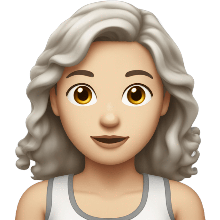 A white-skinned woman with slightly wavy brown hair below her shoulders, gray eyes, and a milky tank top emoji