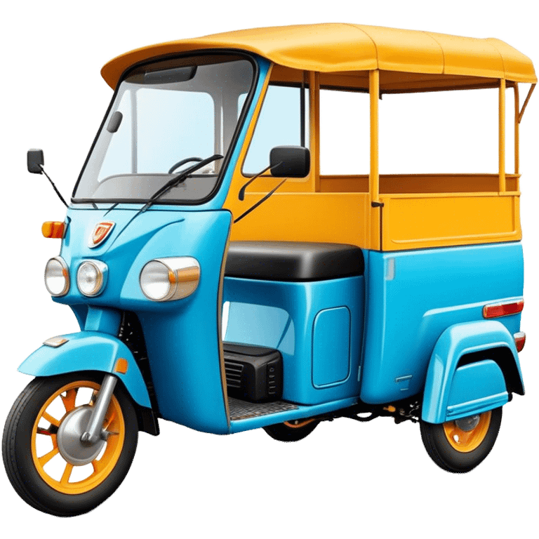 Cinematic Realistic Tuk Tuk Emoji, depicted as a vibrant iconic three-wheeled vehicle with bold colors and a compact design, rendered with crisp textures and dynamic urban lighting that captures its quintessential Thai charm. emoji