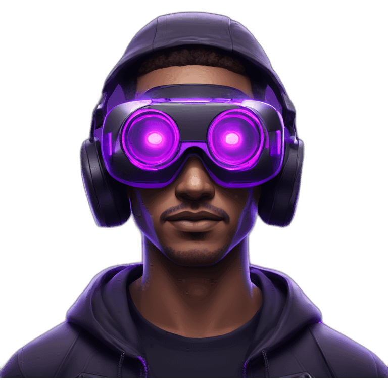 Cyberpunk style. Violet neon. Man with light skin in the black hoody with violet OMG VR logo on it wearing vr headset oculus quest 2 emoji